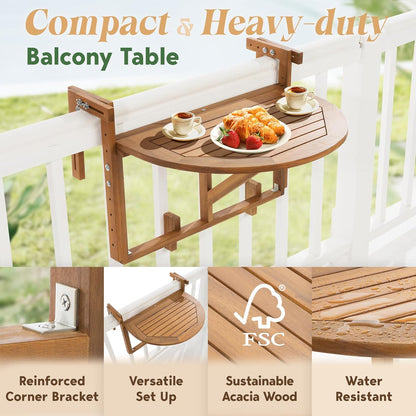 IDZO FSC Acacia Wood Folding Balcony Bar Table for Railings, Adjustable Height & Width, Teak Brush Finish Durable Against Weather, Ideal Spacious Dimension of 27 9/16 x 21 5/8 Inch, Half-Round Design