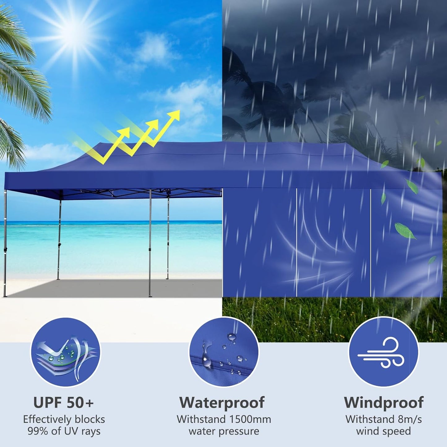 COBIZI 10x30 Pop up Canopy Heavy Duty with 8 Sidewalls, Easy Set-up Commercial Outdoor Party, 100% Waterproof Wedding Canopy Gazebo, 3 Height Adjustable with Wheeled Bag, Dark Blue