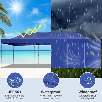 COBIZI 10x30 Pop up Canopy Heavy Duty with 8 Sidewalls, Easy Set-up Commercial Outdoor Party, 100% Waterproof Wedding Canopy Gazebo, 3 Height Adjustable with Wheeled Bag, Dark Blue