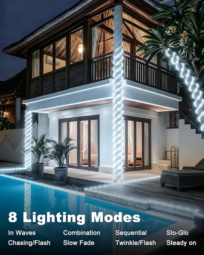 btfarm 2 Pack Solar Rope Lights Outdoor, 120LED 46FT Solar String Lights Outside Waterproof, 8 Lighting Modes Tree Tube Fairy Light Solar Powered for Garden Christmas Yard Party Decoration, Cool White