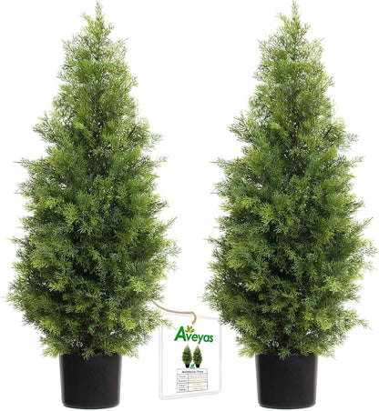 Aveyas 3ft Artificial Cedar Topiary Trees for Outdoor Front Porch Door, 3 Feet Faux Potted Plants Evergreen Fake Pine Cypress Tree for Outside Home Decor (3 ft Tall) - Set of 2 Pack