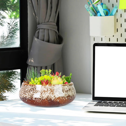 ARTKETTY Succulent Pots - 8 Inch Plant Pot, Large Bonsai Pots with Drainage, Ceramic Planters for Indoor Outdoor Plants, Round Shallow Cactus Flower Plant Container Bowl Decorative Home Garden