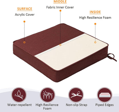 Sunbrella Square Corner Seat Cushions, 18.5" x 16" x 3", Set of 4, Indoor Outdoor Water Repellent Universal Chair Pads with Ties for Patio Furniture, Garden Dining Chairs, Spectrum Brick