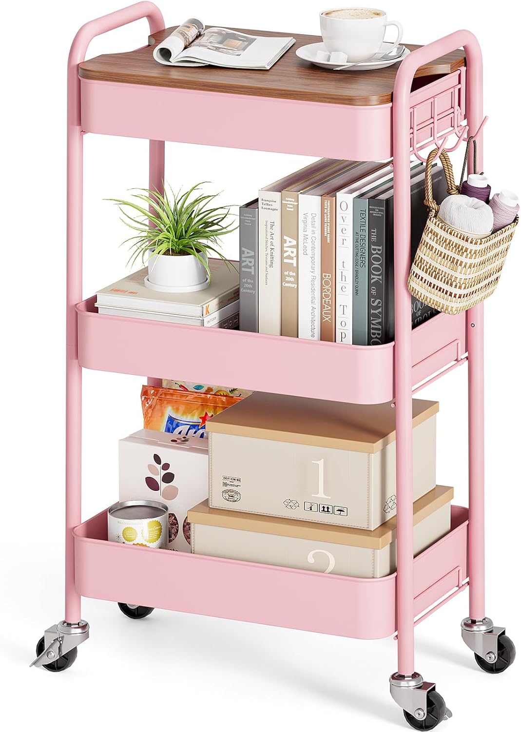 TOOLF 3-Tier Rolling Cart with Table Top, Metal Storage Cart on Wheels, Utility Organizer with Wooden Tray, Lockable Casters, Easy Assembly for Bathroom, Living Room, Office, Bedside, Pink