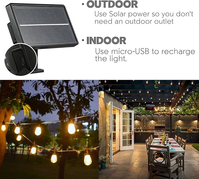 SUNTHIN 24ft Solar String Lights, USB Rechargeable Solar Outdoor Lights with Waterproof & Shatterproof LED Bulbs for Patio, Porch, Garden, Deck, Bistro, Cafe, Camping