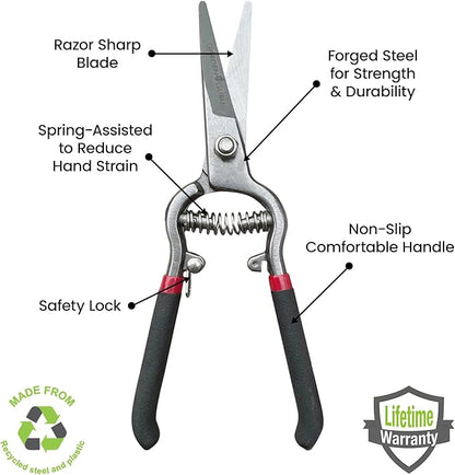 Garden Guru Classic Bypass Pruning Shears Clippers – Heavy Duty Forged Steel Garden Pruners – Safety Lock – Non Slip Comfort Grips – Cuts up to 1” Diameter – Professional Bypass Pruners for Gardening