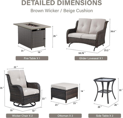 8 Piece Outdoor Patio Furniture Set - 41" CSA Propane Fire Pit Table Patio Conversation Set with Swivel Rocker Outdoor Chairs, Wicker loveseat and Ottoman for Outside Casual Gathering