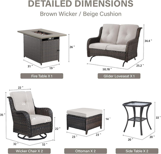 8 Piece Outdoor Patio Furniture Set - 41" CSA Propane Fire Pit Table Patio Conversation Set with Swivel Rocker Outdoor Chairs, Wicker loveseat and Ottoman for Outside Casual Gathering