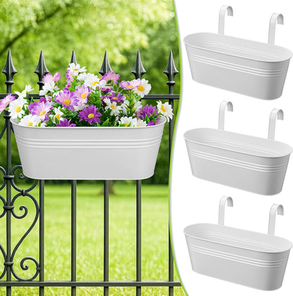 3 Pcs Large Balcony Planters Railing Hanging Flower Pots- 16.2 Inch Metal Railing Planter Box Fence Planters for Outdoor Plants with Detachable Hooks and Drain Holes for Garden Decor (White-16.2inch)