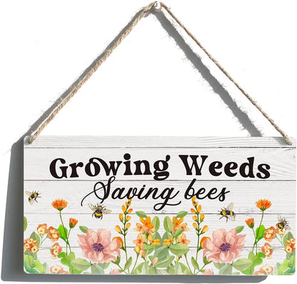 Garden Sign Gift Farmhouse Growing Weeds Saving Bees Wooden Hanging Sign Plaque Colourful Rustic Wall Art Decor for Home Garden Decoration 12 x 6 Inches