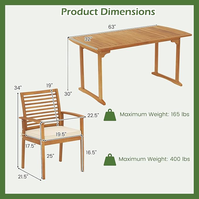 Tangkula 7 Piece Patio Acacia Wood Dining Set for 6, Patio Rectangle Table with Umbrella Hole & 6 Cushioned Armchairs, for Backyard Garden Poolside Deck, Natural