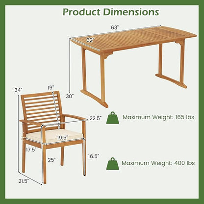 Tangkula 7 Piece Patio Acacia Wood Dining Set for 6, Patio Rectangle Table with Umbrella Hole & 6 Cushioned Armchairs, for Backyard Garden Poolside Deck, Natural