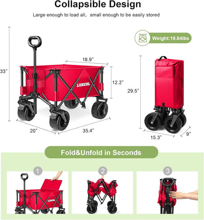 LUXCOL Collapsible Folding Wagon, Heavy Duty Utility Beach Wagon Cart for Sand with Big Wheels, Adjustable Handle&Drink Holders for Shopping, Camping,Garden and Outdoor