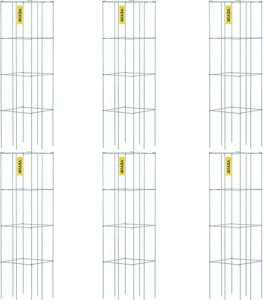 VEVOR Tomato Cages, 14.6" x 14.6" x 39.4", 6 Packs Square Plant Support Cages, Green PVC-Coated Steel Tomato Towers for Climbing Vegetables, Plants, Flowers, Fruits