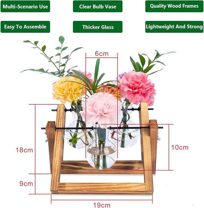 Plant Propagation Station Traveler's Glass Tabletop Planter with Vintage Wooden Stand 3 Bulb Vase for Hydroponic Plants Indoor Office Desktop Home Decor, Plant Stand (3 Bulbs)