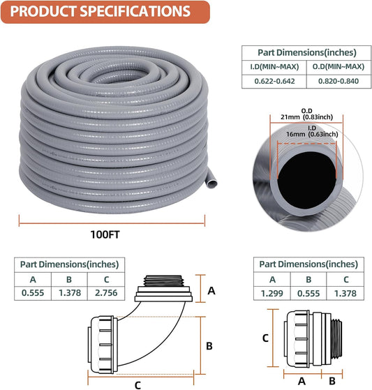 1/2" Liquid-Tight PVC Conduit Kit, 100ft with 10 Connectors, Grey, 5 Straight & 5 90-Degree Fittings, UL Certified, Flexible, Easy Installation, Multi-Application