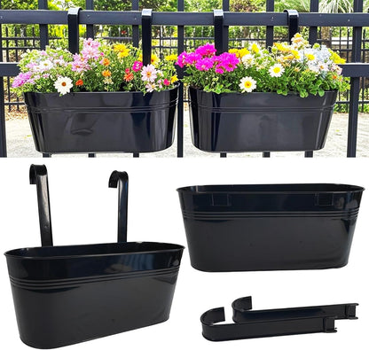 Hanging Planters for Outdoor Plants, 17" Railing Planter Pots, Metal Fence Flower Pot for Porch Balcony with Detachable Hook (Black, Pack of 2)