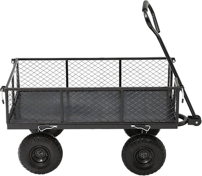 Garden Wagon Cart Heavy Duty 880 LBS Steel Utility Cart with All-Terrains 3.50-4" Solid Wheels 10" Tires, 180° Rotating Handle, Removable Sides, Laser-Welded Frame & Multi-Surface