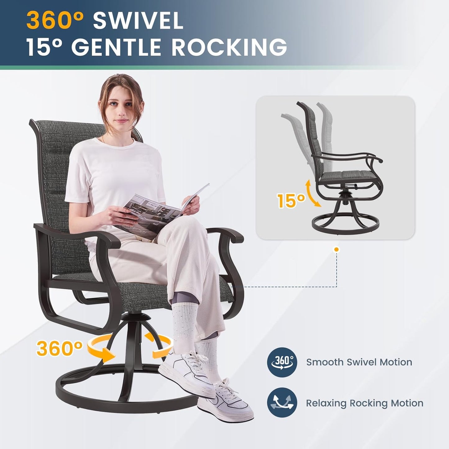 Amopatio Padded Patio Swivel Chairs Set of 4, Outdoor Dining Chairs with Ultra Soft Textilene High Back Seat & Metal Rocker Frame, for Backyard Deck Garden (Dark Gray)