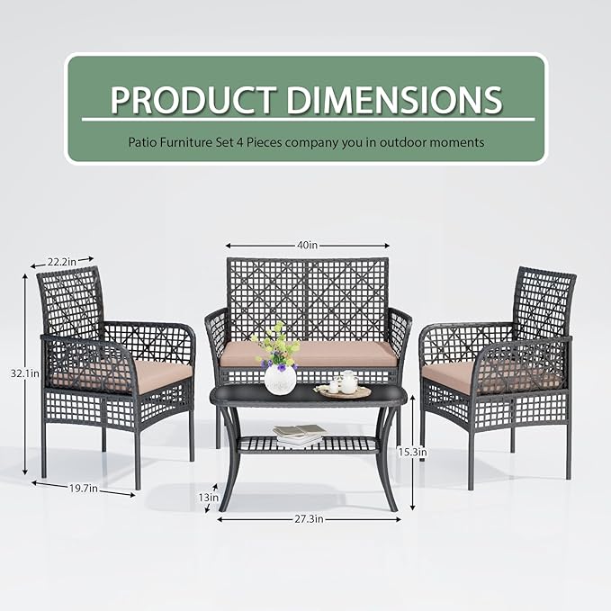 4-Piece Patio Furniture Set, Weather-Resistant Rattan Patio Conversation Set with Two-Tier Coffee Table, Upholstered Openwork Wicker Furniture for Porch, Garden, Lawn, Khaki