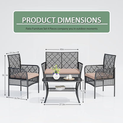 4-Piece Patio Furniture Set, Weather-Resistant Rattan Patio Conversation Set with Two-Tier Coffee Table, Upholstered Openwork Wicker Furniture for Porch, Garden, Lawn, Khaki