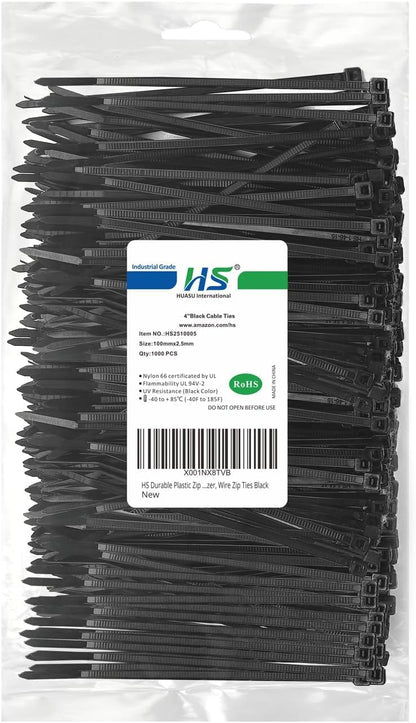 HS Durable Plastic Zip Ties 4 Inch (Bulk-1000 Pack) Small Tie Wraps Thin 18 Lbs Self-Locking Nylon Cable Ties for Electronics Organizer, Wire Zip Ties UV Rated Black