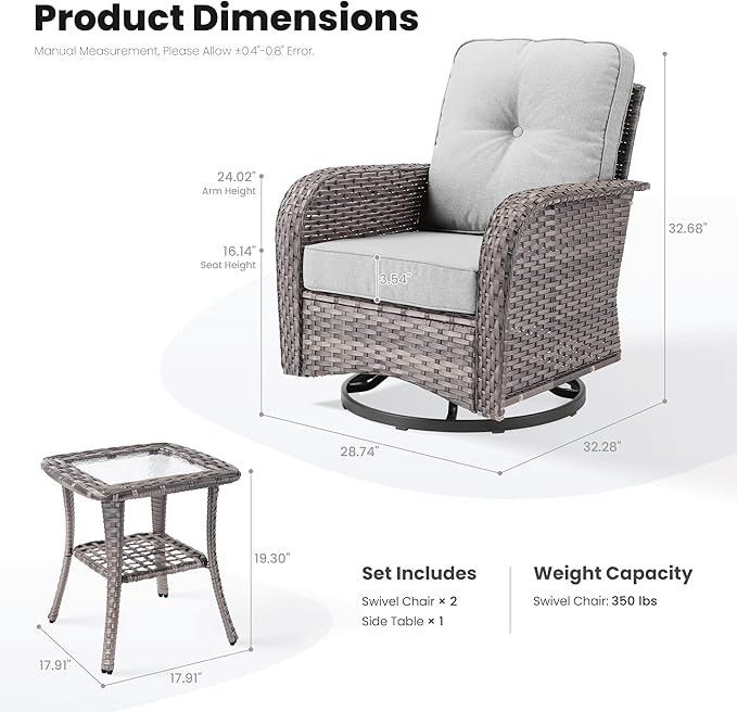 ovios 3 Pieces Patio Furniture Set, Outdoor Rocking Chairs of 2, Wicker Swivel Glider Chairs with Side Table Thick Cushions, All Weather Rattan Bistro Set for Porch, Grey