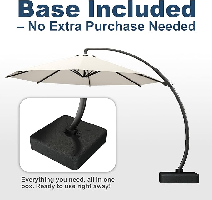 12FT Cantilever Umbrella with Base Large Curvy Outdoor Aluminum Offset Umbrella w/ 360° Rotation, UV Resistant Canopy for Patio, Garden, Backyard, Creamy White