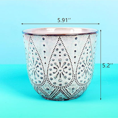 VanEnjoy 5.9 inch Round Bohemian Style Ceramic Planter, Geometry Engrave Off White Brown Succulent Planter Flower Pot, Indoor Outdoor Decorative Planter