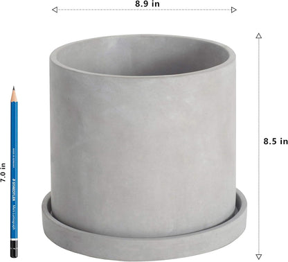 Ekirlin 9 Inch Flower Plant Pot Indoor - Grey Cement Garden Planter Concrete Planter with Drain Hole Saucer, Modern Succulents Containers for Home Decor, Office & Outdoor