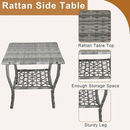 DECMICO 3-Piece Rattan Rocking Chair Set, PE Patio Bistro Furniture with Cushions & Coffee Table for Garden Backyard Porch, Light Grey