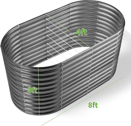 Land Guard 8x4x3ft Oval Galvanized Raised Garden Beds, Large-Capacity Metal Planter Box Outdoor, Durable Deep Raised Garden Bed 3ft Tall, Raised Beds for Gardening Vegetables, Modern Gray