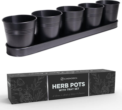 SCANDINORDICA Black Herb Planter – 5 Pots with Drainage Holes and Tray, Windowsill Planter, Herb Pots for Indoor Outdoor Plants | Kitchen & Garden Decor