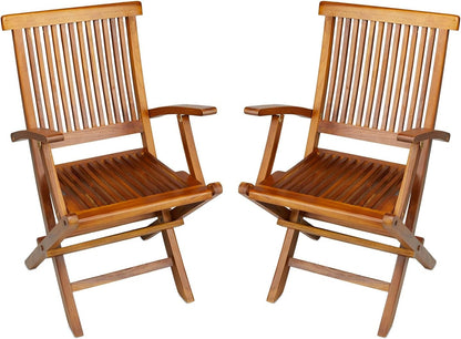 TeakCraft Teak Folding Arm Chair - 2 Piece Foldable Chairs Set - Fully Assembled - Solid Wooden Outdoor, Indoor- Wood Dining Room, Kitchen, Patio, Bistro Chairs, The Mille