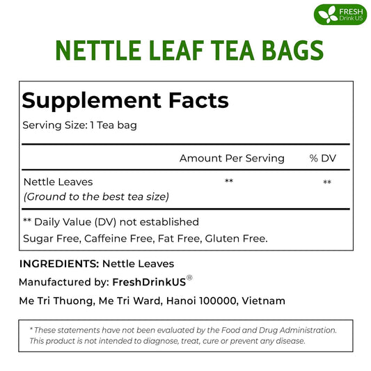 FreshDrinkUS, Premium 75 Nettle Leaf Tea Bags, 100% Natural & Pure from Nettle Leaves. Loose Leaf Nettle Herbal Tea. Nettle Leaf Tea. No Sugar, No Caffeine, No Gluten, Vegan.