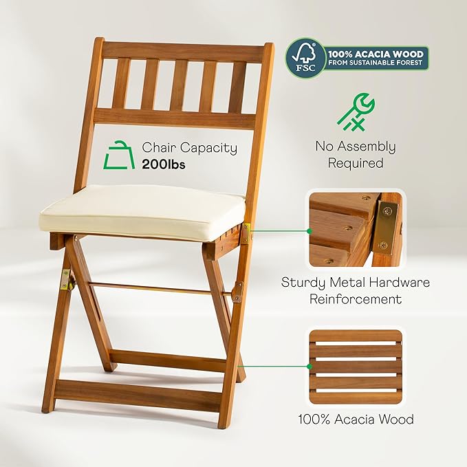 IDZO Serene Bistro Set – 2-Piece Foldable Acacia Wood Chairs with Cushions, FSC-Certified Durable Construction, Space-Saving Outdoor Seating for Balcony, Garden, Patio, or Porch