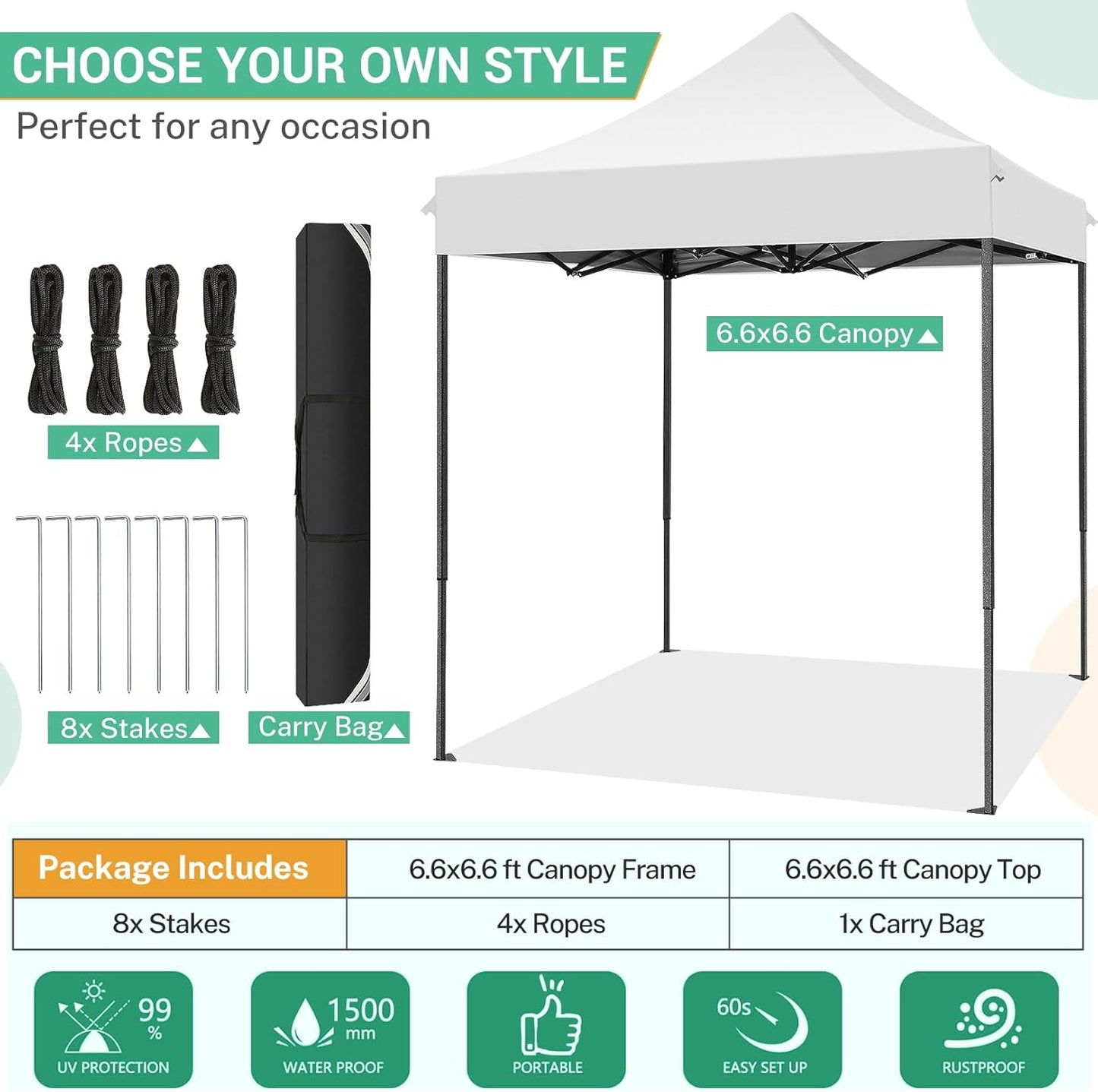 COBIZI 6.6x6.6 Pop up Canopy Tent Heavy Duty Without Sidewalls, Easy Set-up Commercial Outdoor Party Tent, 100% Waterproof Wedding Gazebo, 3 Height Adjustable with Carry Bag, White