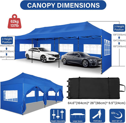 COBIZI 10x30 Pop up Canopy Heavy Duty with 8 Sidewalls, Easy Set-up Commercial Outdoor Party, 100% Waterproof Wedding Canopy Gazebo, 3 Height Adjustable with Wheeled Bag, Blue