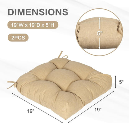 Aoodor 19" x 19" x 5" Tufted Outdoor Chair Cushions, Water Resistant & Fade Resistant Polyester Dining Chair Pads with 2 Straps for Patio Furniture, Set of 2