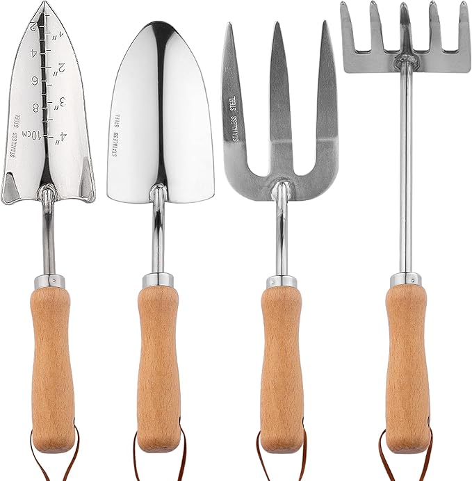 Heavy Duty Garden Tool Set, Stainless Steel Graduated Shovel, Hand Fork, Hand Rake, Transplant Shovel with Scale, 4Pcs Heavy Duty Hand Tools Set for Garden Planting (Garden Hand Tool Set)