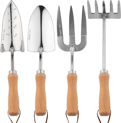 Heavy Duty Garden Tool Set, Stainless Steel Graduated Shovel, Hand Fork, Hand Rake, Transplant Shovel with Scale, 4Pcs Heavy Duty Hand Tools Set for Garden Planting (Garden Hand Tool Set)