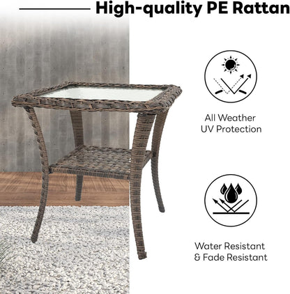 Handwoven Wicker Side Table - 20 Inch Small Outdoor Table 2 Tier Storage with Tempered Glass Top, All Weather Outdoor Patio End Tables for Deck Balcony Outside Brown