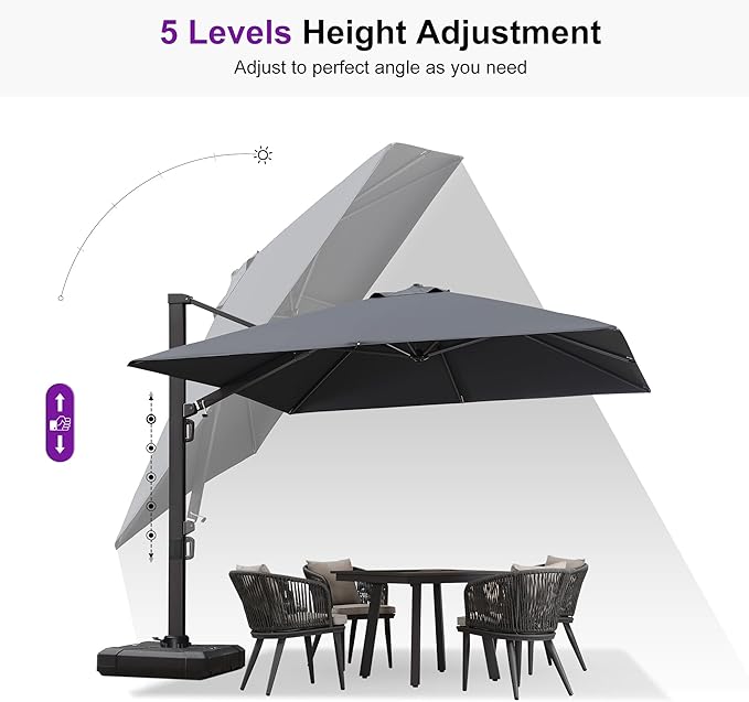 PURPLE LEAF 10 FT Square Patio Umbrella with Base Large Cantilever Outdoor Aluminum Umbrella Offset Umbrella with 360-degree Rotation for Garden Deck Backyard Pool Grey