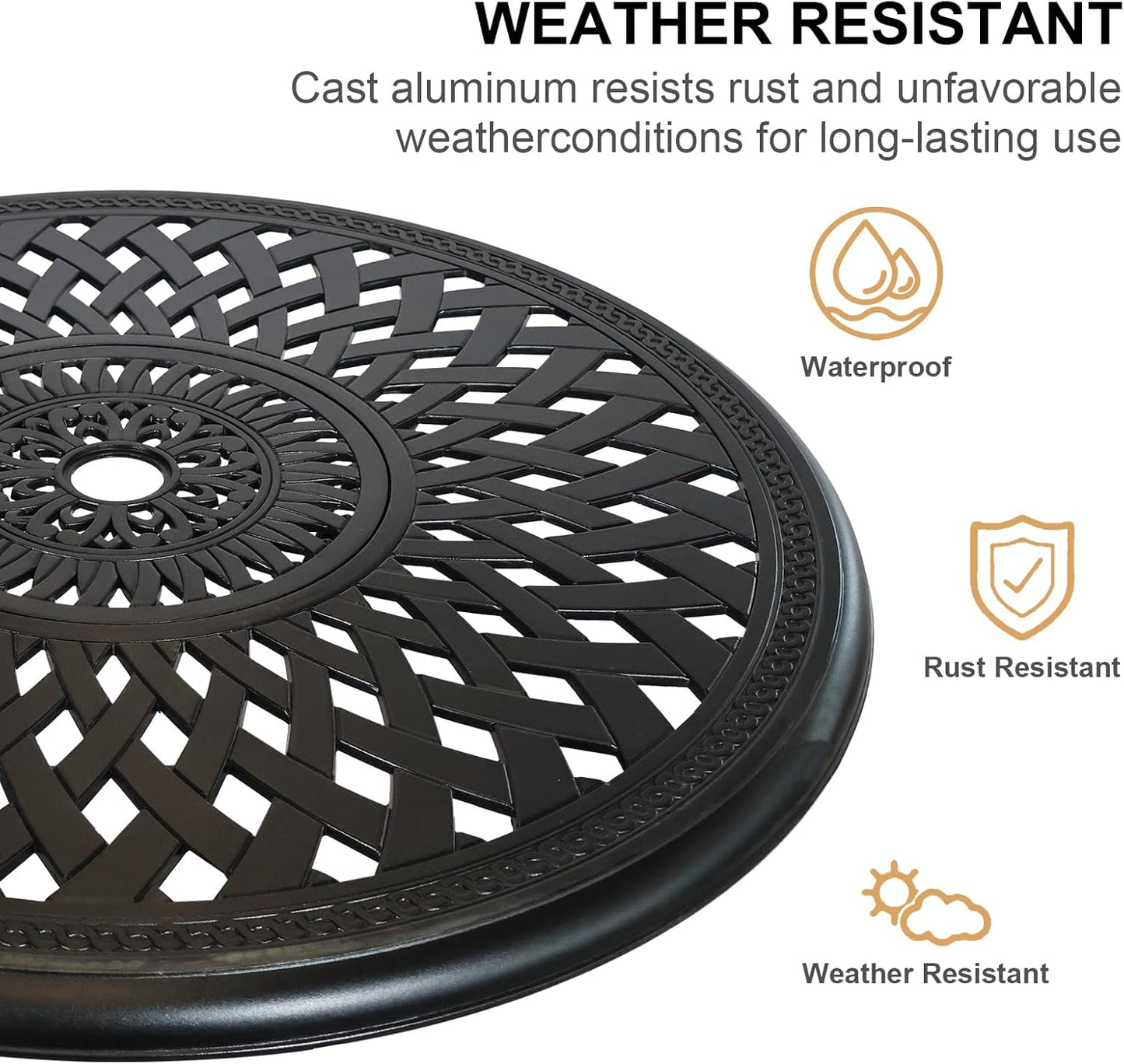 30 inches Patio Table with Umbrella Hole, Round Outdoor Table, Cast Aluminum Bistro Table, Metal Side Table for Porch Backyard, Black