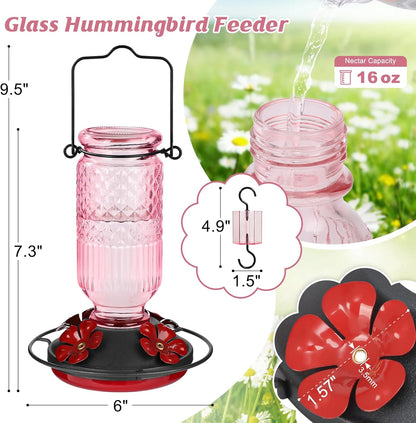 FEED GARDEN Glass Hummingbird Feeders for Outdoors, 16 OZ Pink Hummingbird Feeder with 4 Bee Guard Feeding Ports & Built-in Ant Moat, Humming Bird Feeder, Gifts for Women Mom,1 Pack