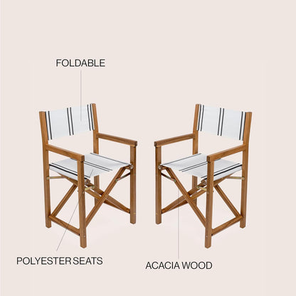 JONATHAN Y DRC1001B-SET2 Cukor Classic Vintage Outdoor Acacia Wood Folding Director Chair with Canvas Seat Mid-Century, Modern, Traditional, Classic, Coastal, White/Black Stripe/Teak Brown (Set of 2)