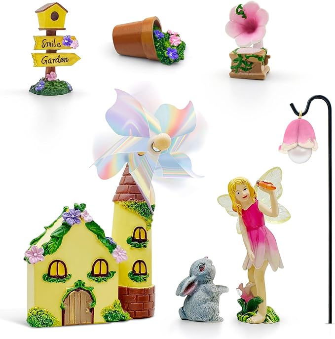 DONABELA Fairy Garden Kit Pink Mini Windmill House Decor Set Rabbit Flower Pot Supplies Signpost CD Player Resin Figurines Accessories Gift Indoor Outdoor Yard
