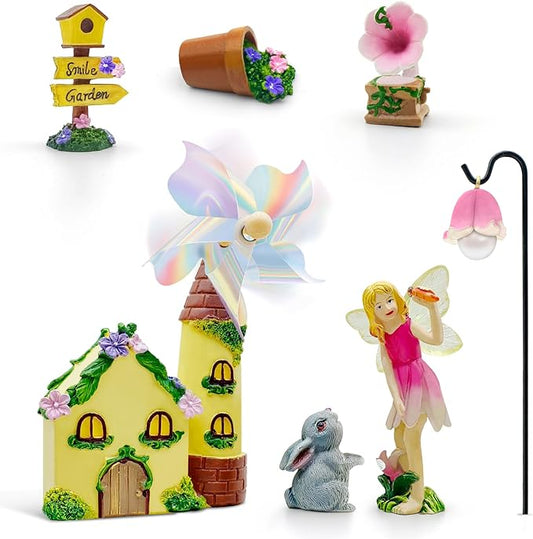 DONABELA Fairy Garden Kit Pink Mini Windmill House Decor Set Rabbit Flower Pot Supplies Signpost CD Player Resin Figurines Accessories Gift Indoor Outdoor Yard