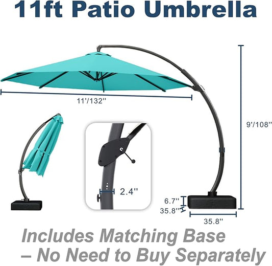 11FT Cantilever Umbrella with Base Large Curvy Outdoor Aluminum Offset Umbrella w/ 360° Rotation, UV Resistant Canopy for Patio, Garden, Backyard, Turquoise Blue