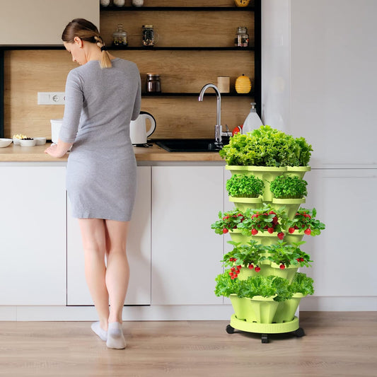 Strawberry Stacking Planters, Vertical Garden Tower, 5 Tiered Stackable Herb Vegetable Planters with Movable Casters and Bottom Saucer Indoor and Outdoor - Green